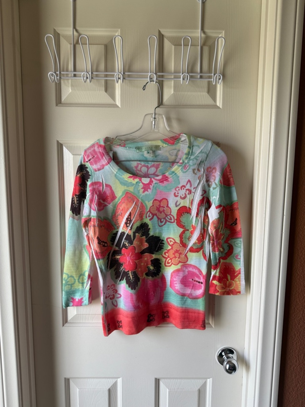 Bettie Page Mint Green Floral Long Sleeve Top with Pink & Coral